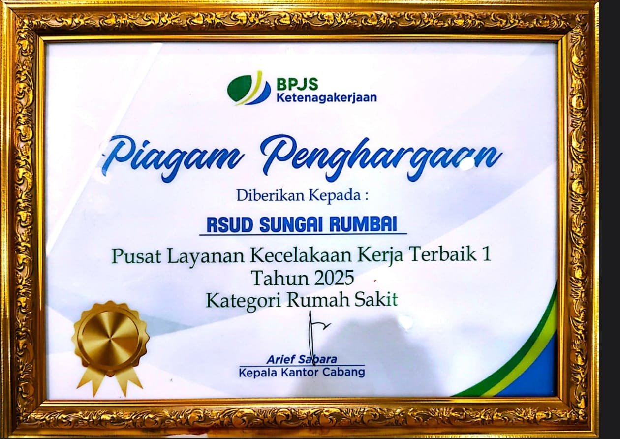 Penghargaan  dari BPJS Ketenagakerjaan sebagai Pusat Layanan Kecelakaan Kerja Terbaik 1 Tahun 2025 Kategori Rumah Sakit Kesehatan Kerja Optimal